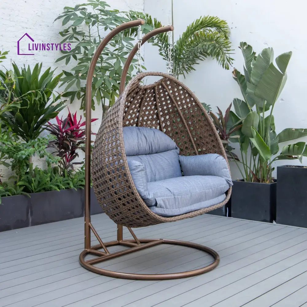 Longo Double Seater Hanging Swing With Stand For Balcony Garden Swing (Brown) - Swings