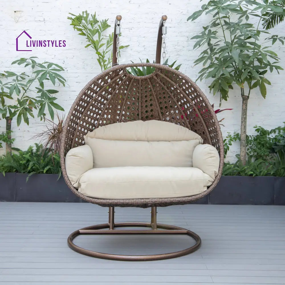 Longo Double Seater Hanging Swing With Stand For Balcony Garden Swing (Brown) - Taupe - Swings