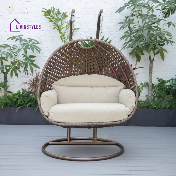 Longo Double Seater Hanging Swing With Stand For Balcony Garden Swing (Brown) - Taupe - Swings
