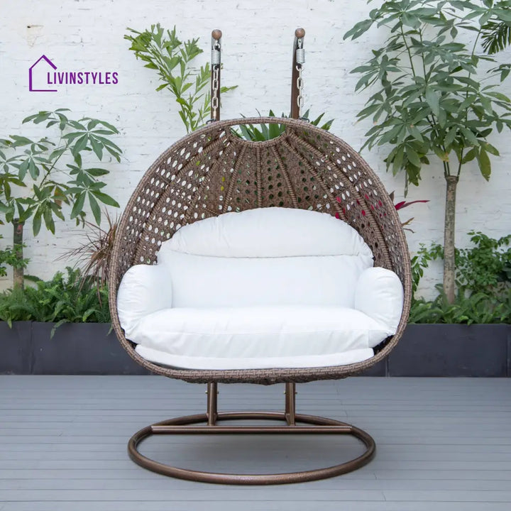 Longo Double Seater Hanging Swing With Stand For Balcony Garden Swing (Brown) - White - Swings