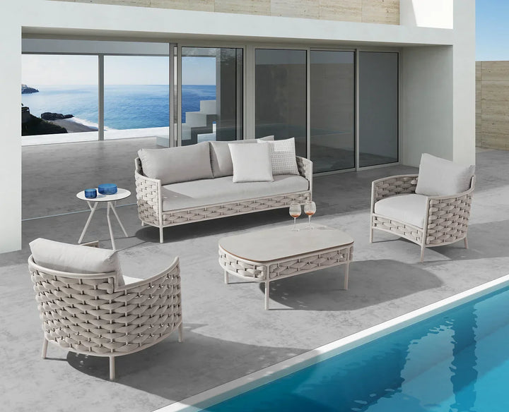 Nivio Outdoor Garden Balcony Sofa Set 2 Seater, 2 Single seater and 1 Center Table Set, Braid & Rope(White + Cream)