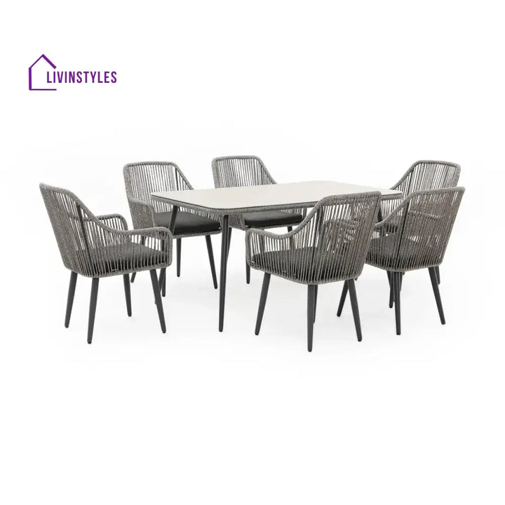 Lopa 7-Piece Outdoor Patio Dining Set with Rope Chairs & Glass Top Table - Dining Set