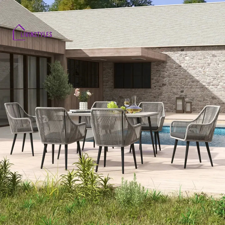 Lopa 7-Piece Outdoor Patio Dining Set with Rope Chairs & Glass Top Table - Dining Set