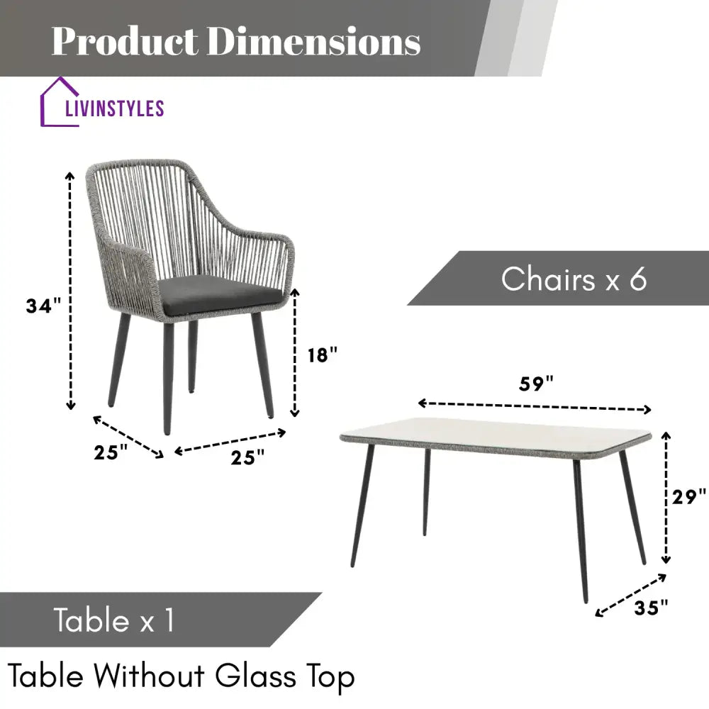 Lopa 7-Piece Outdoor Patio Dining Set with Rope Chairs & Glass Top Table - Dining Set
