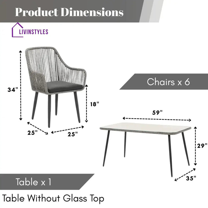 Lopa 7-Piece Outdoor Patio Dining Set with Rope Chairs & Glass Top Table - Dining Set