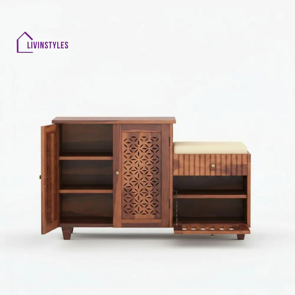 Lorena Sheesham wood shoe rack with seating