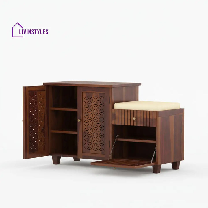 Lorena Sheesham wood shoe rack with seating