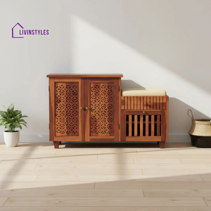 Lorena Sheesham wood shoe rack with seating