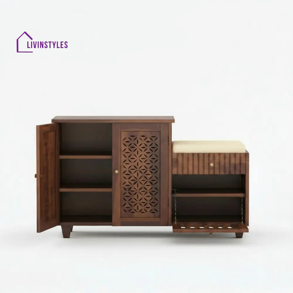 Lorena Sheesham wood shoe rack with seating
