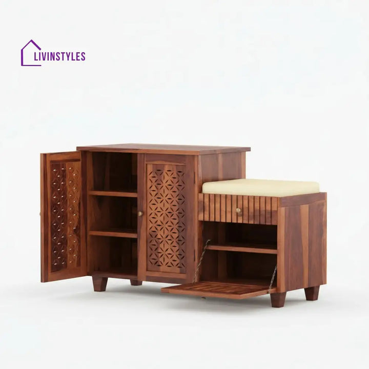 Lorena Sheesham wood shoe rack with seating