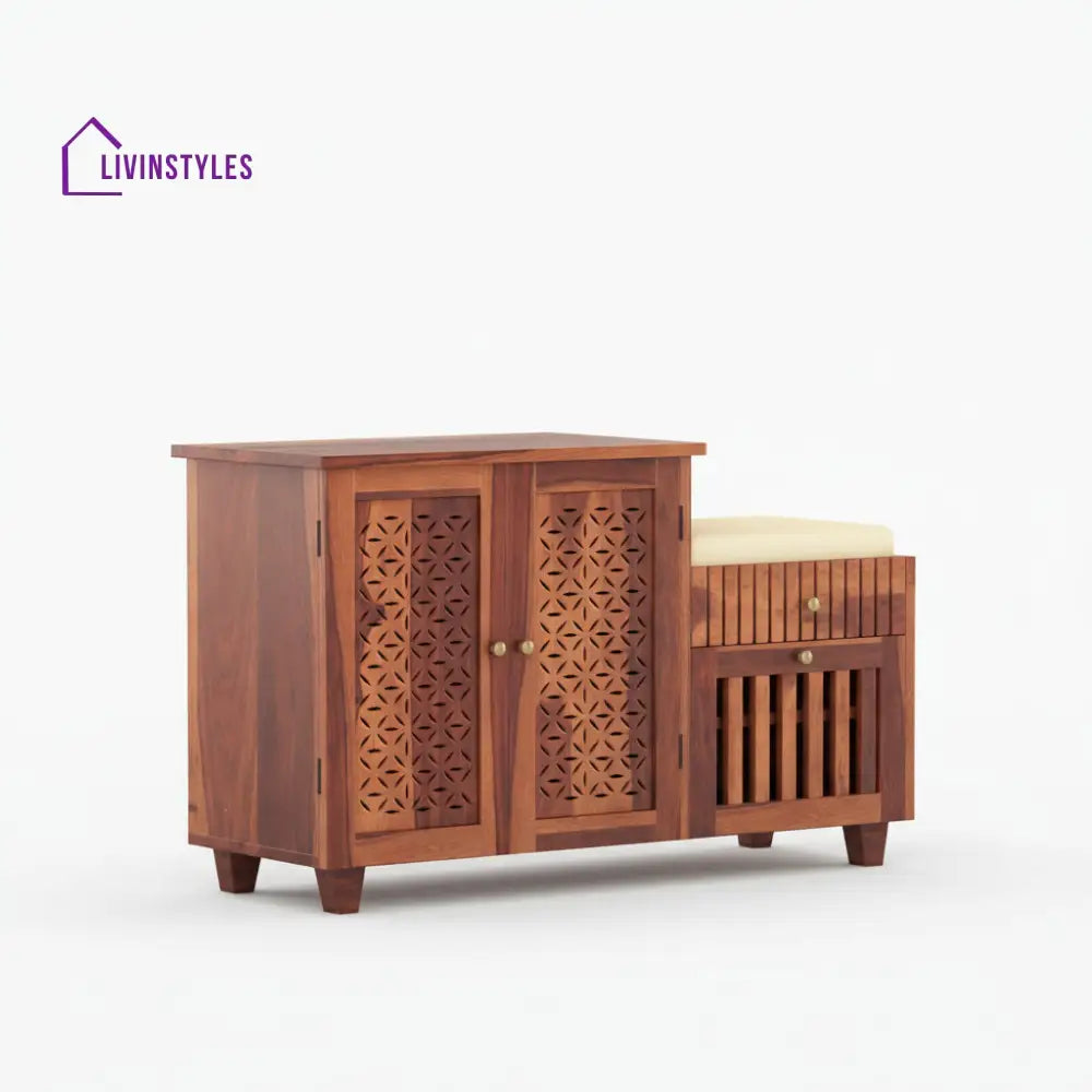 Lorena Sheesham wood shoe rack with seating HONEY