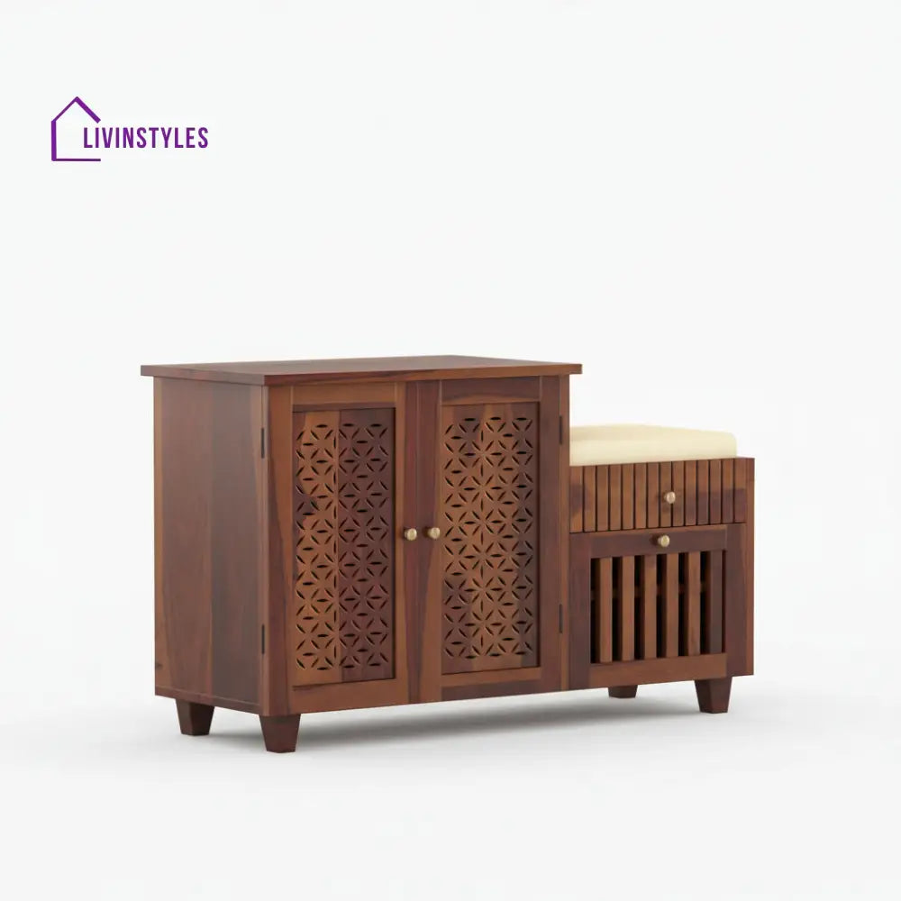 Lorena Sheesham wood shoe rack with seating WALNUT