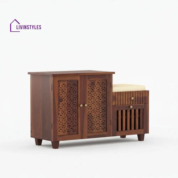 Lorena Sheesham wood shoe rack with seating WALNUT