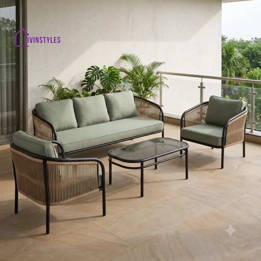 Lorette Metal Frame and Rope Weaving Outdoor Sofa Set 3 + 1 +1 and Coffee Table | Premium Uphostery