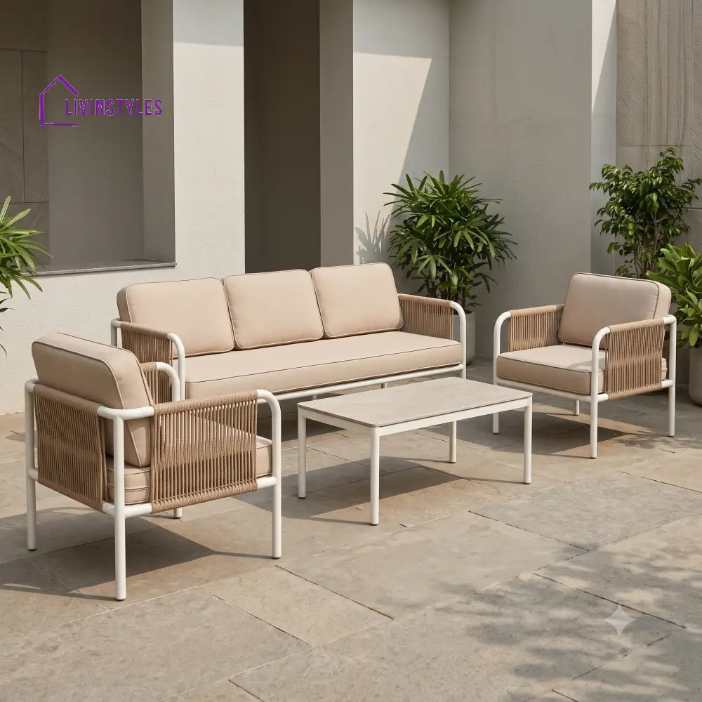 Lorraine Metal Frame and Rope Weaving Outdoor Sofa Set 3 + 1 +1 and Coffee Table | Premium Uphostery