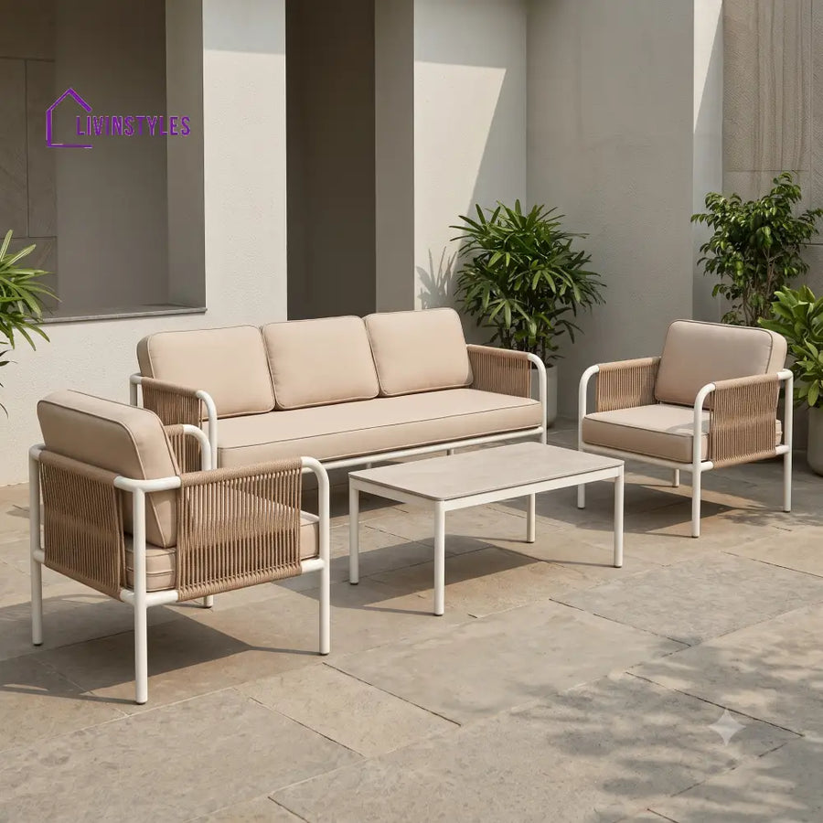 Lorraine Metal Frame and Rope Weaving Outdoor Sofa Set 3 + 1 +1 and Coffee Table | Premium Uphostery