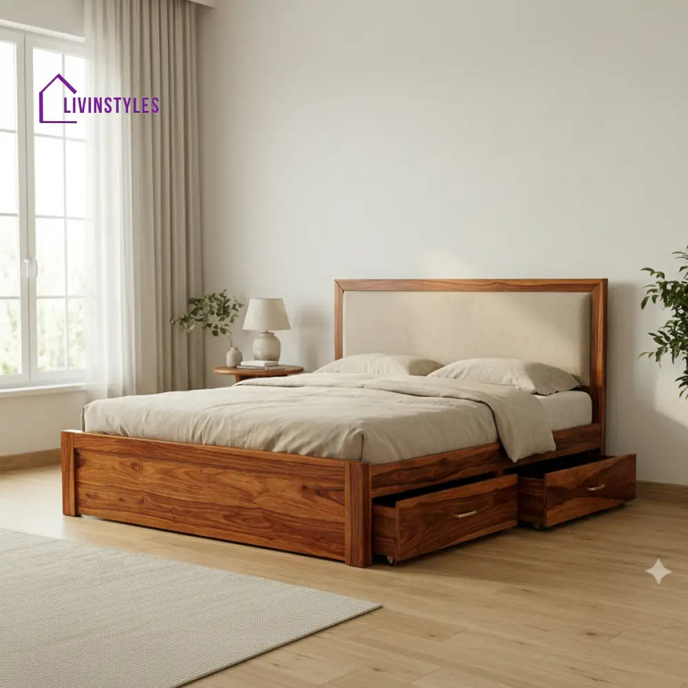 Lottie Premium Sheesham Wood Bed with Fabric Headboard