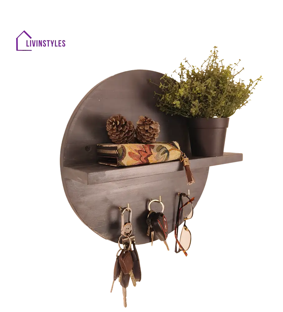 Lotus Wooden Wall Shelf Organiser With Key Holders