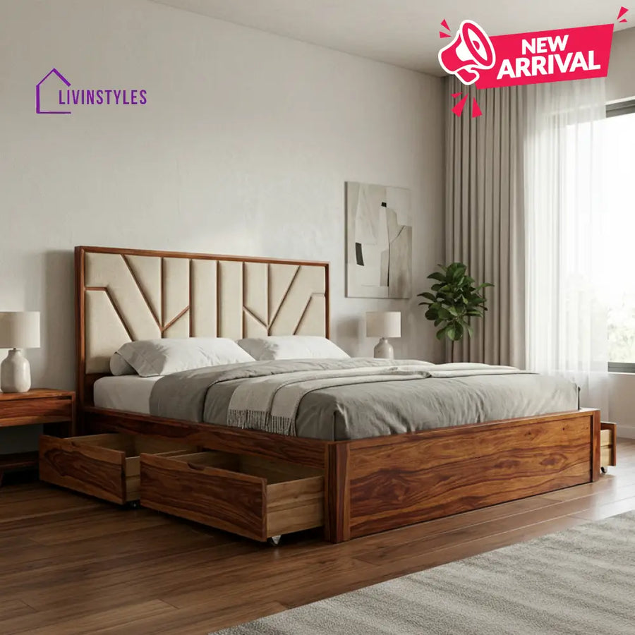 Louis Premium Sheesham Wood Bed with Fabric Headboard
