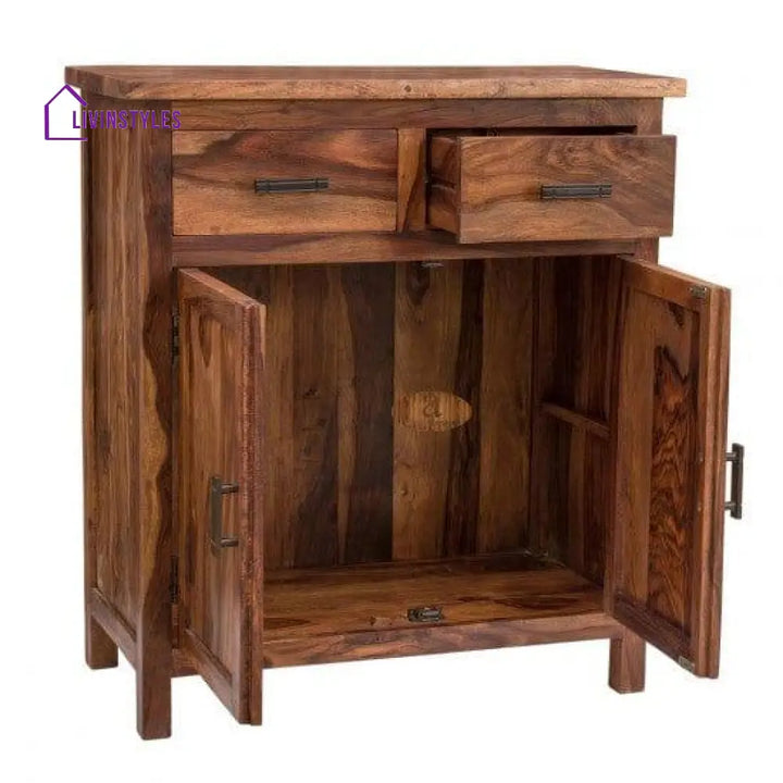 Lowboy Storage Cabinet With Two Drawer In Honey Finish