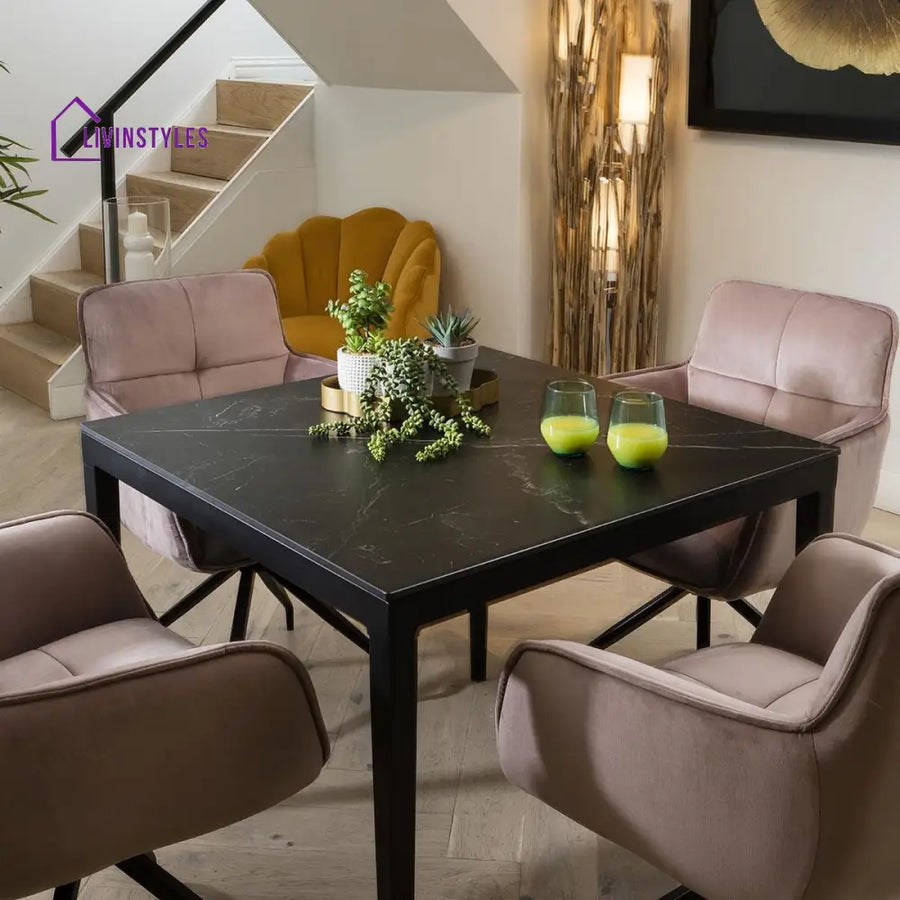 Luba Black Ceramic 4 Person Dining Set - Compact Table And Chairs - 4 Seater Dining Set Dining Room / Dining Sets