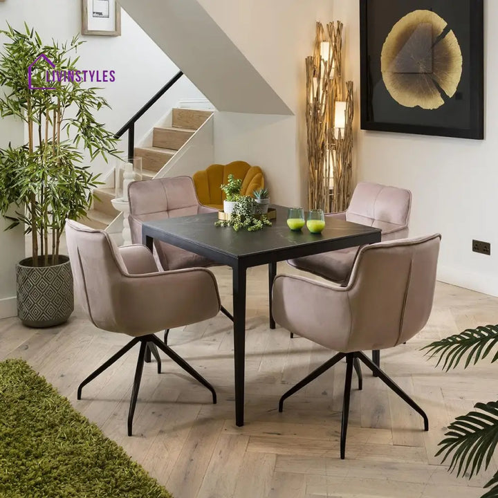Luba Black Ceramic 4 Person Dining Set - Compact Table And Chairs - 4 Seater Dining Set Dining Room / Dining Sets