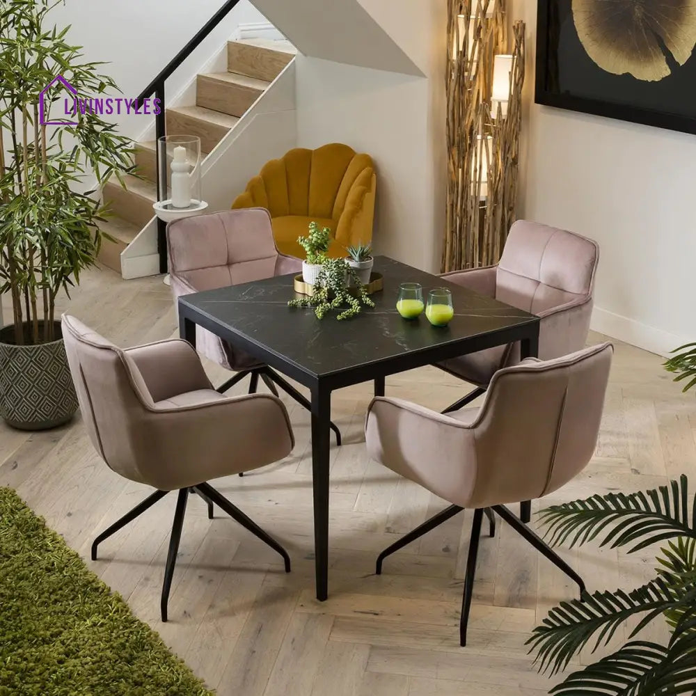 Luba Black Ceramic 4 Person Dining Set - Compact Table And Chairs - 4 Seater Dining Set Dining Room / Dining Sets
