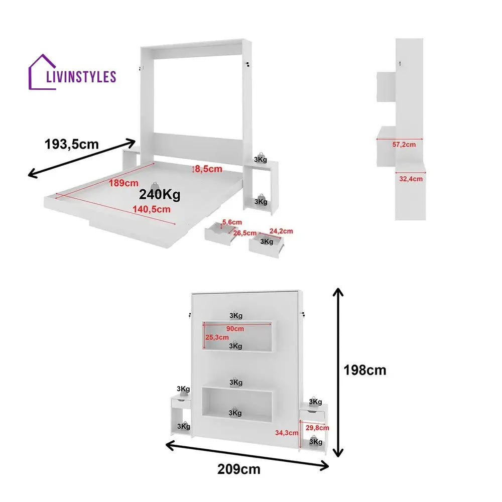 Luba White Finish Wall Mounted Bed with Shelves
