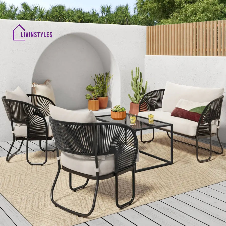 Lucas Outdoor Sofa Set 2 Seater 2 Single seater and 1 Center Table Set (Black) Braided & Rope - Sofa Sets