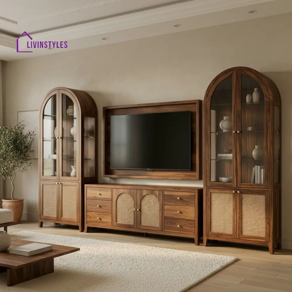 Lucas Premium Solid Wood TV Unit with Cane Panel Cabinet