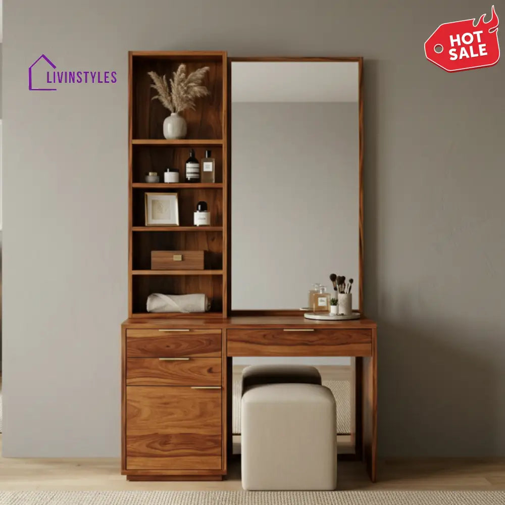 Lucas Sheesham Wood Dressing Table with Mirror and Storage (Honey Finish)