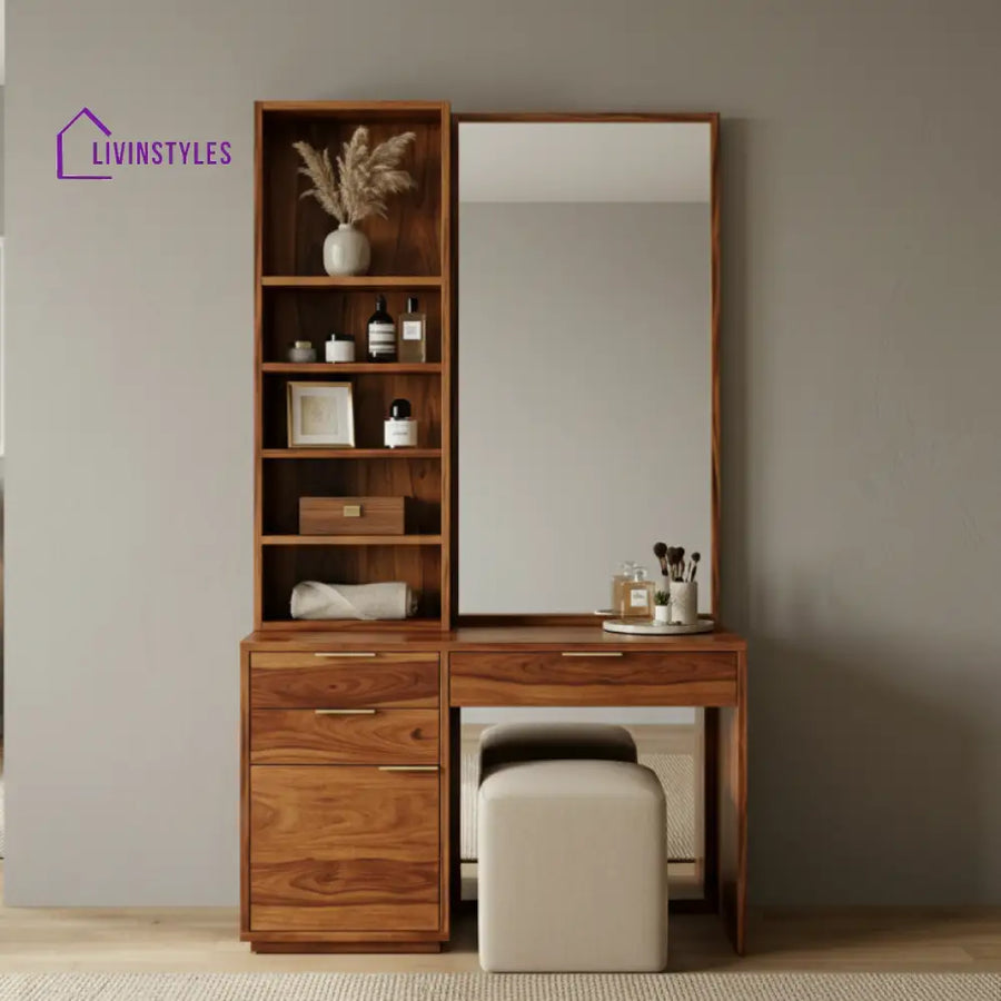 Lucas Sheesham Wood Dressing Table with Mirror and Storage (Honey Finish)
