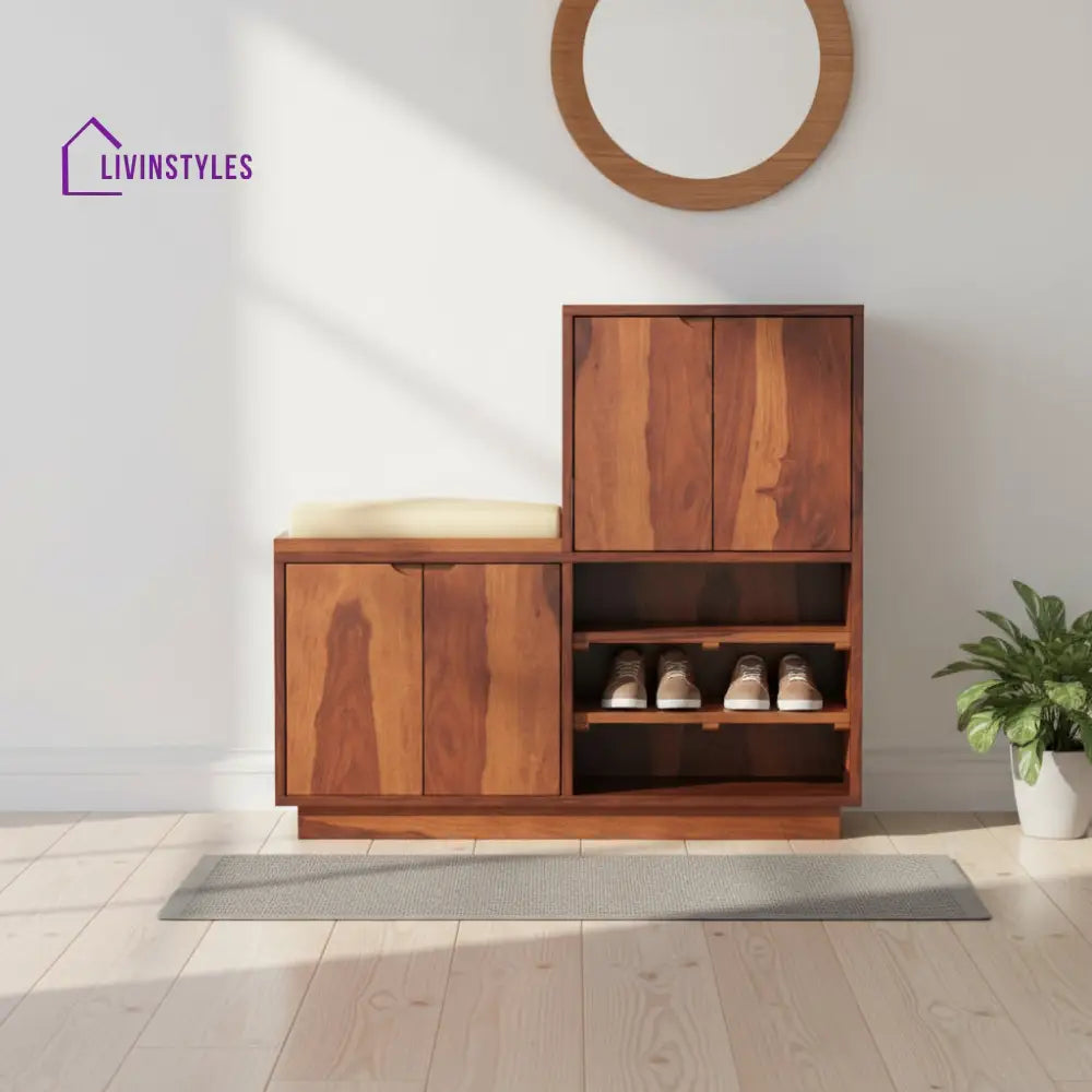 Lucia Sheesham Wood Shoe Rack with Door and Seating Honey