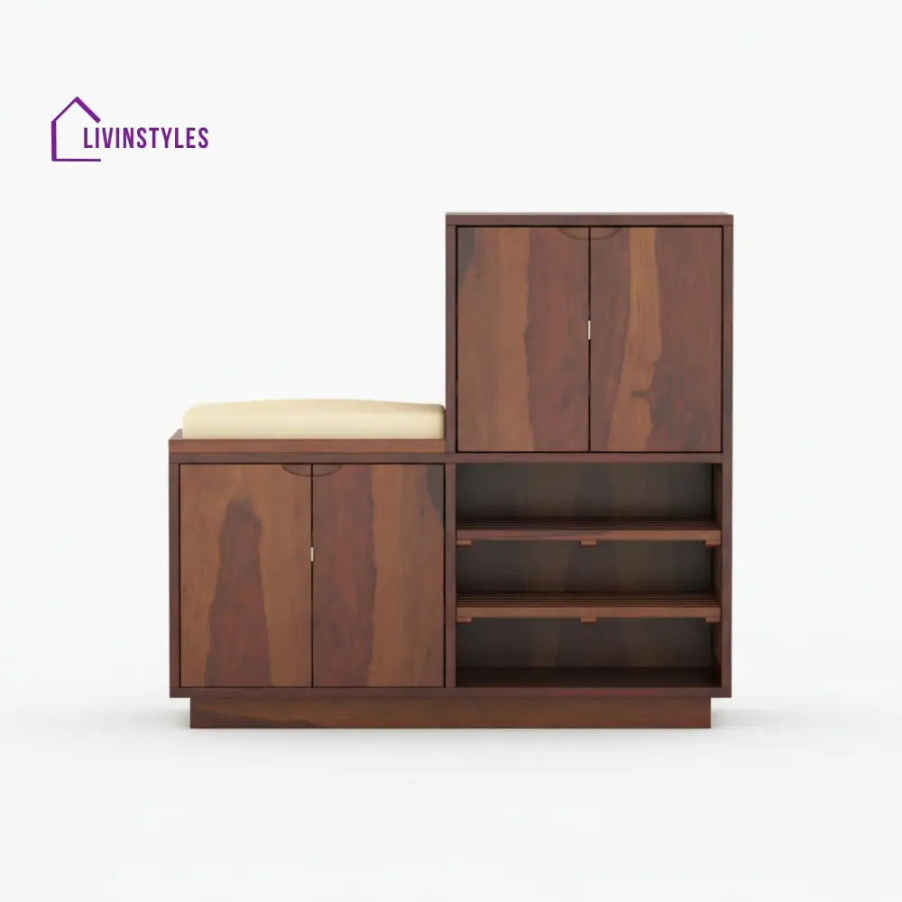 Lucia Sheesham Wood Shoe Rack with Door and Seating Walnut