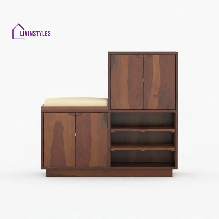 Lucia Sheesham Wood Shoe Rack with Door and Seating Walnut