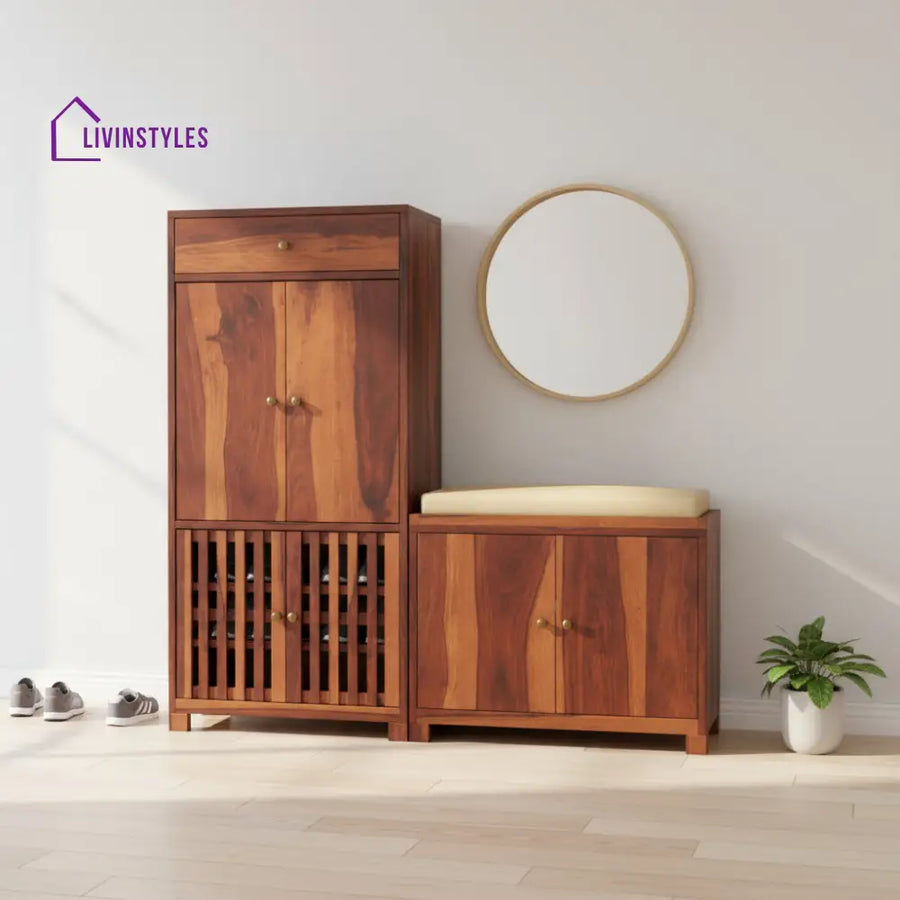 Luciana Sheesham Wood Shoe rack with seating Honey