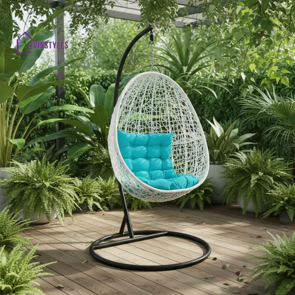 Luciana Single Seater Hanging Swing With Stand For Balcony Garden Swing (White) - Light Blue - Swings