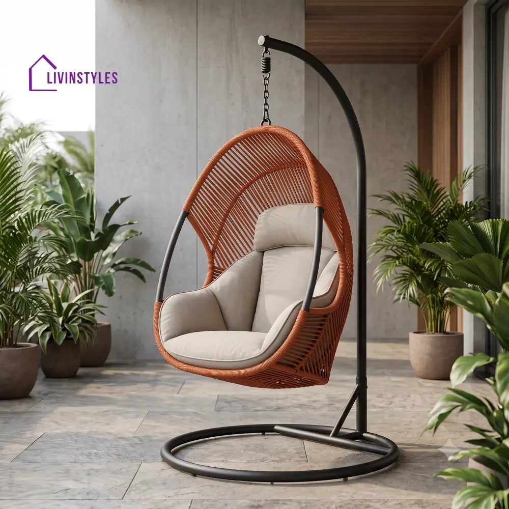 Lucien Metal Frame Swing Chair With Stand And Rope Woven Seat