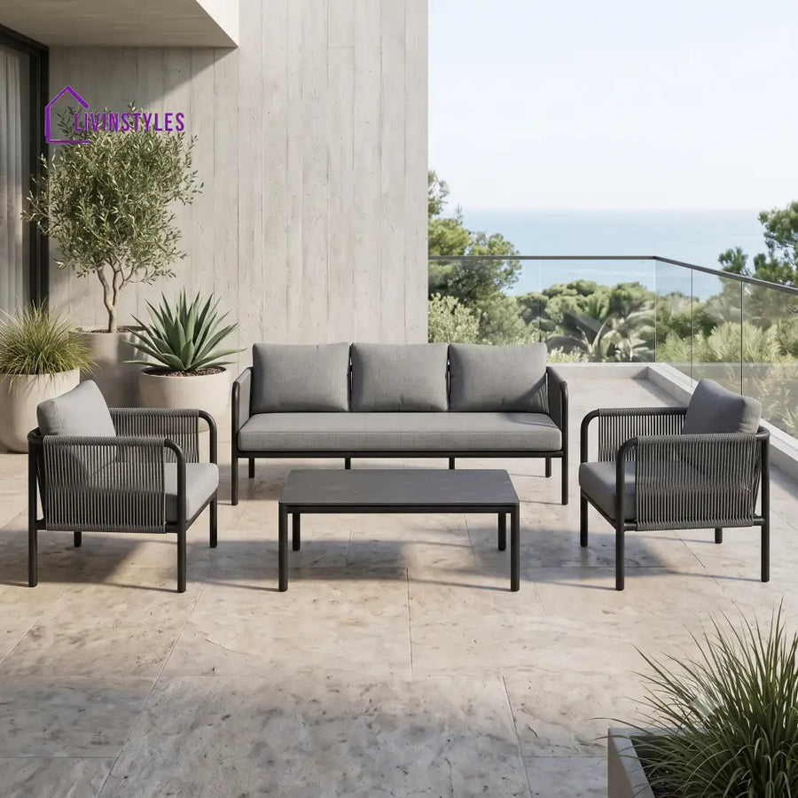 Lucile Metal Frame and Rope Weaving Outdoor Sofa Set 3 + 1 +1 and Coffee Table | Premium Uphostery