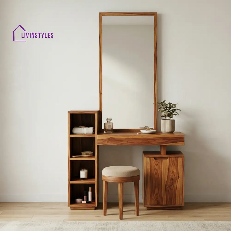 Lucy Sheesham Wood Dressing Table with Mirror and Storage (Honey Finish)