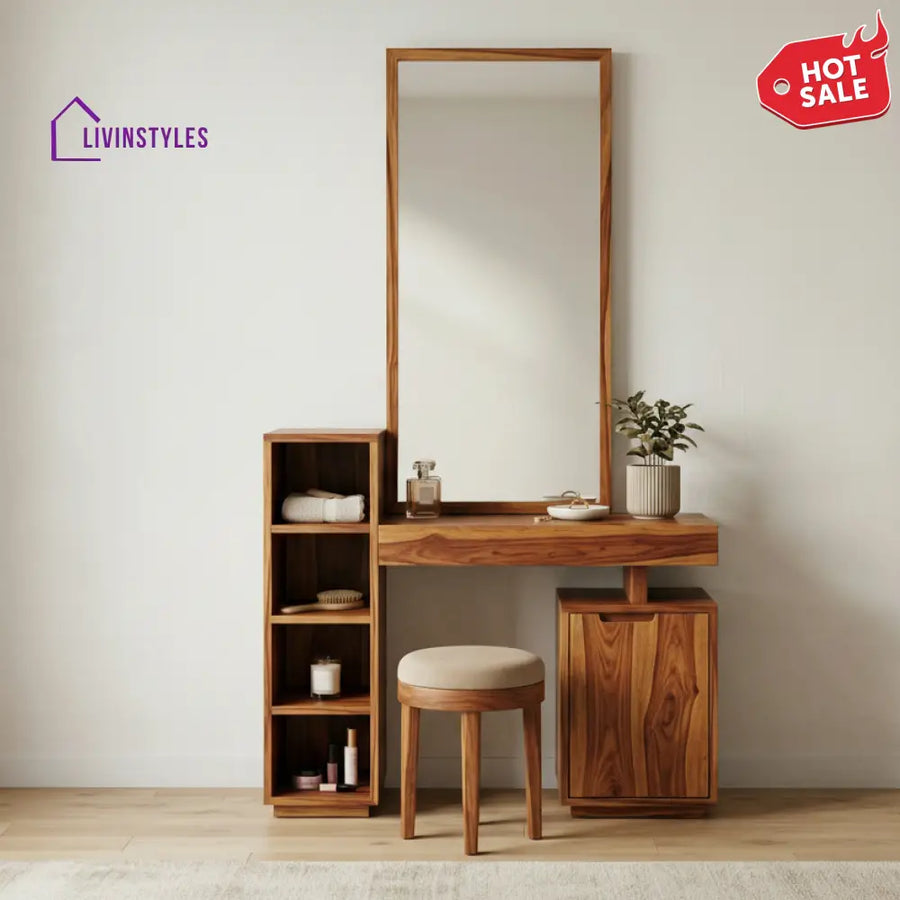 Lucy Sheesham Wood Dressing Table with Mirror and Storage (Honey Finish)