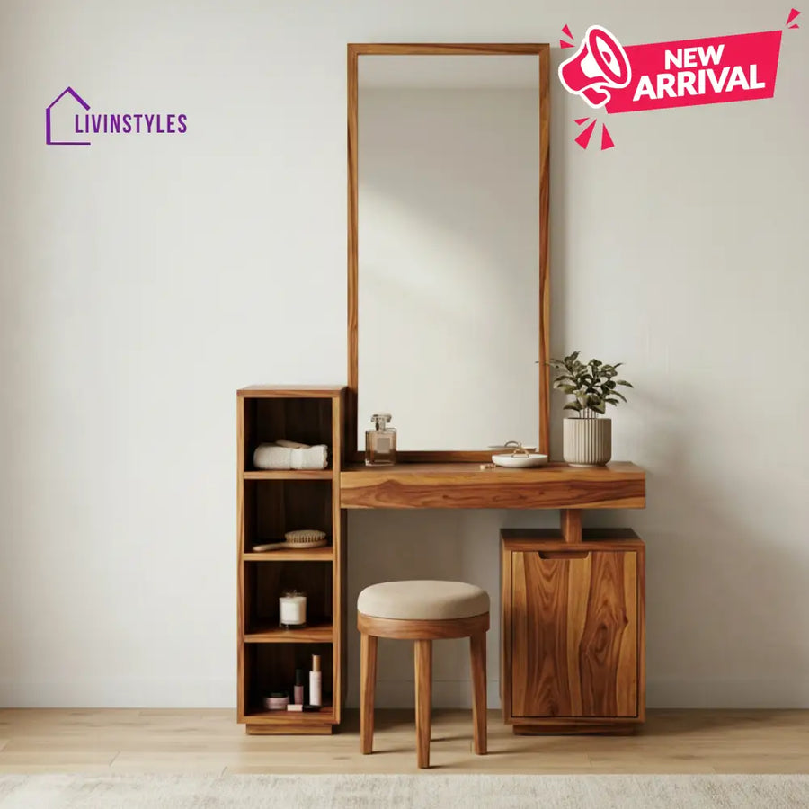 Lucy Sheesham Wood Dressing Table with Mirror and Storage (Honey Finish)