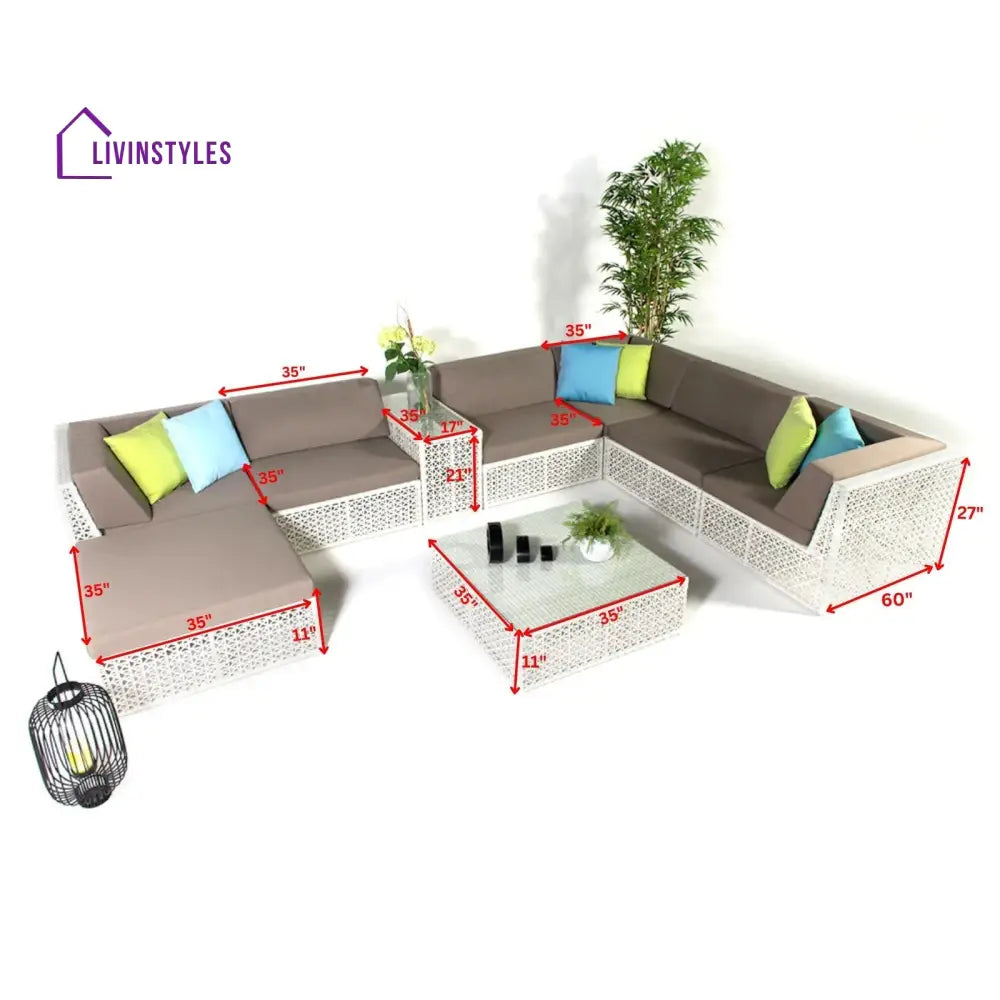 Ludovica Outdoor Patio Sofa Set 6 Chairs 1 Footstool 1 Side table and 1 Center Table (Off White) - Sofa Sets