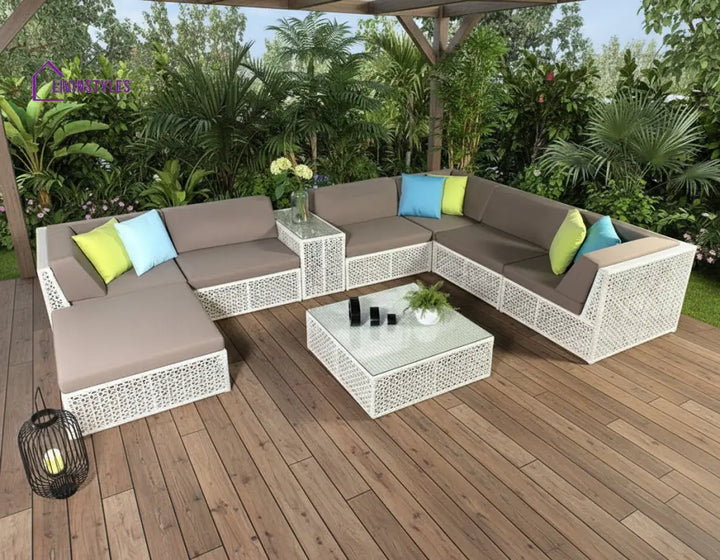 Ludovica Outdoor Patio Sofa Set 6 Chairs 1 Footstool 1 Side table and 1 Center Table (Off White) - Sofa Sets