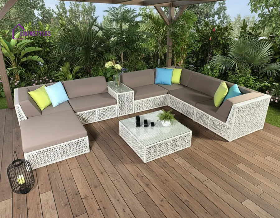 Ludovica Outdoor Patio Sofa Set 6 Chairs 1 Footstool 1 Side table and 1 Center Table (Off White) - Sofa Sets