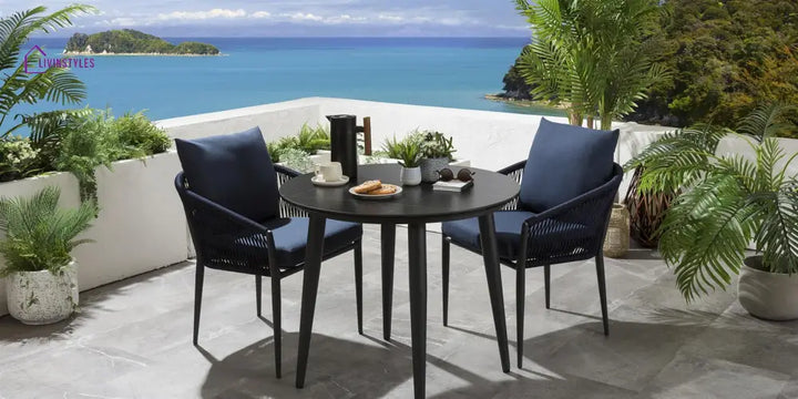 Luis Outdoor Patio Seating Set 2 Chairs and 1 Table Set (Black + Blue) Braided & Rope - Coffee Table Sets