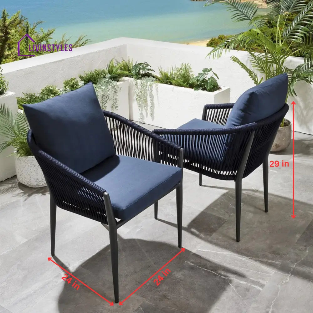 Luis Outdoor Patio Seating Set 2 Chairs and 1 Table Set (Black + Blue) Braided & Rope - Coffee Table Sets