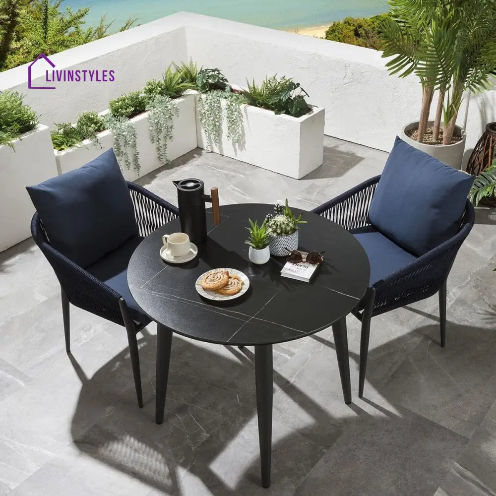 Luis Outdoor Patio Seating Set 2 Chairs and 1 Table Set (Black + Blue) Braided & Rope - Coffee Table Sets