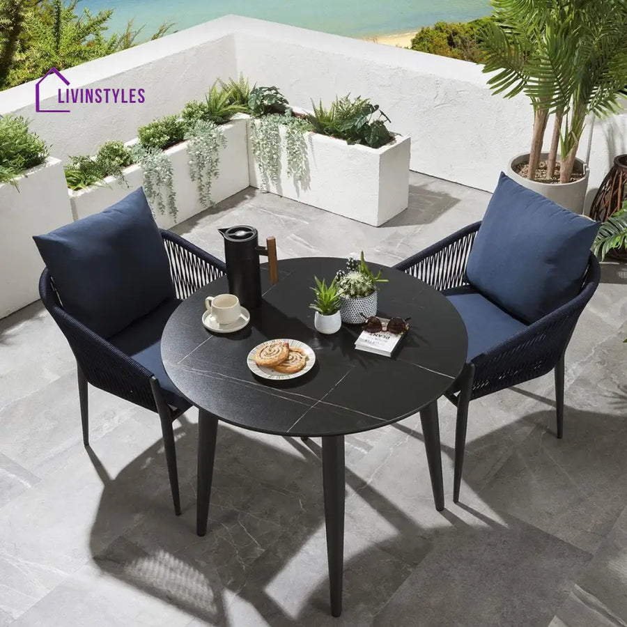 Luis Outdoor Patio Seating Set 2 Chairs and 1 Table Set (Black + Blue) Braided & Rope - Coffee Table Sets