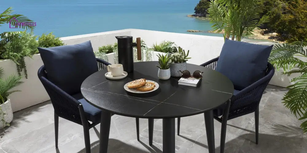 Luis Outdoor Patio Seating Set 2 Chairs and 1 Table Set (Black + Blue) Braided & Rope - Coffee Table Sets